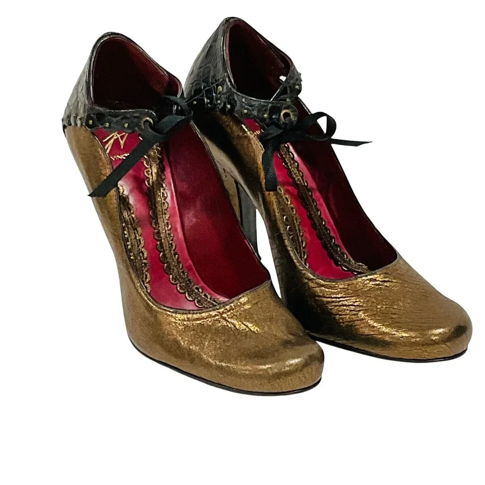 J Vincent women's shoes heels leather sole metallic bronze black studded 6.5 3.5